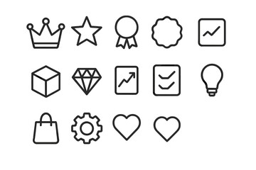 Premium Product Icons. Outline icon set of premium product branding: crown, star, ribbon, badge, product box,