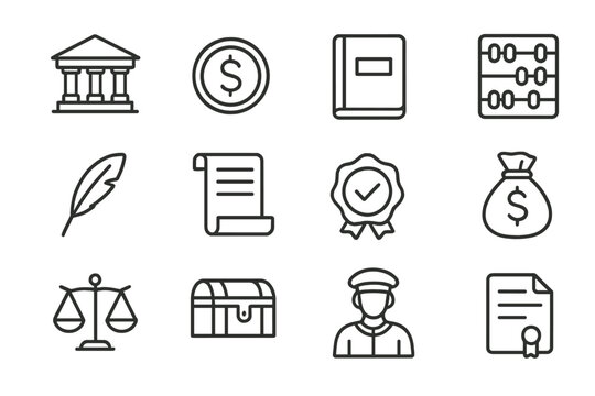 Early Banking Icons. Outline icon set of early banking: bank building, coin, ledger, abacus, quill, scroll,