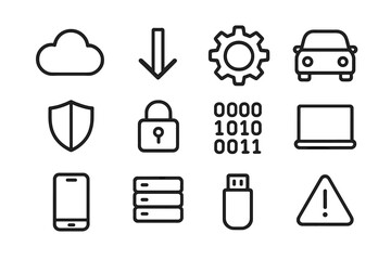 Automotive Software Update Icons. Outline icon set of automotive software updates: cloud, download arrow, gear