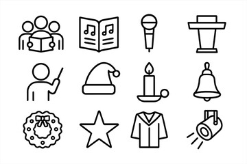 Christmas Choir Icons. Outline icon set of Christmas concert choir: singers, sheet music, microphone, podium,