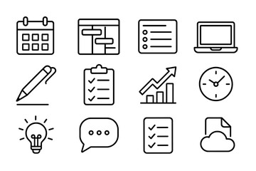 Remote Planning Icons. Outline icon set of remote project planning: calendar, Gantt chart, task list, laptop,