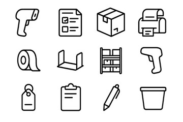 Retail Stockroom Icons. Outline icon set of retail stockroom labeling: barcode scanner, inventory sheet,