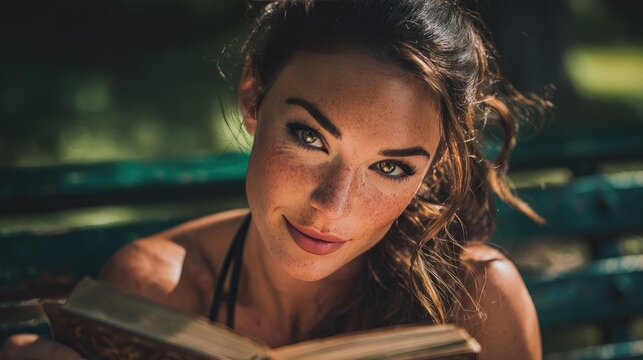 Beautiful woman with freckles sitting on a park bench and smiling softly while reading an intriguing old book