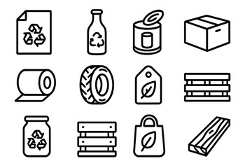Recycling Icons Grid. Outline icon set of recycled materials trade: recycled paper, glass bottle, metal can,