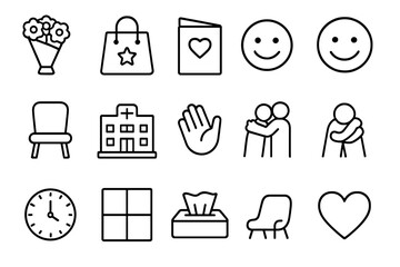 Patient Visit Icons. Outline icon set of visiting a patient: bouquet of flowers, gift bag, greeting card,