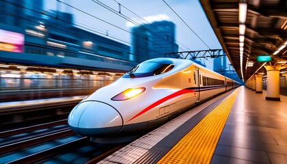 A sleek white and red high-speed bullet train arriving at a modern station platform with blurred city buildings in the background.