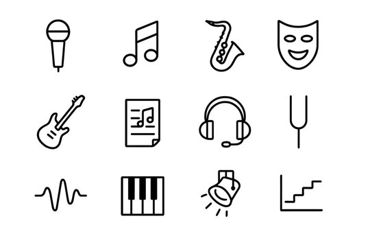 Music Genre Icons. Outline icon set of genre-specific singing styles: microphone, music note, jazz saxophone,