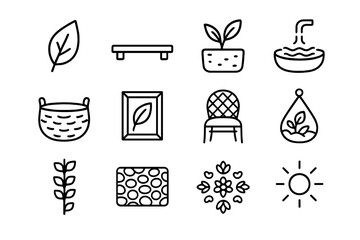 Biophilic Decor Icons. Outline icon set of biophilic home decor: leaf motif, wooden shelf, stone planter,