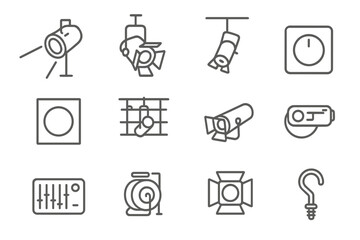 Stage Lighting Icons. Outline icon set of stage lighting for ballet: spotlight, side light, back light, dimmer