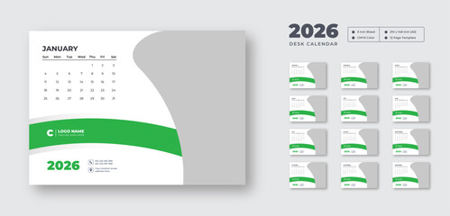 Desk calendar 2026 | Monthly planner with Sunday start | Printable 12-page vector layout for student or office use