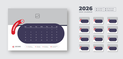 Desk calendar 2026 | Monthly planner with Sunday start | Printable 12-page vector layout for student or office use
