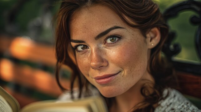 Beautiful woman with freckles sitting on a park bench and smiling softly while reading an intriguing old book