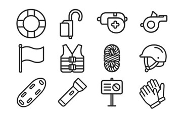 Pool Safety Icons. Outline icon set of pool safety gear: lifebuoy, rescue hook, first aid kit, whistle, safety