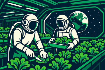Astronauts cultivating plants in a space farm with Earth in the background, showcasing innovative agriculture in space