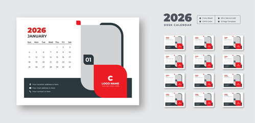 Desk calendar 2026 | Monthly planner with Sunday start | Printable 12-page vector layout for student or office use