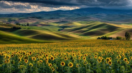 Fototapeta premium Vibrant sunflower field against rolling hills under dramatic sky