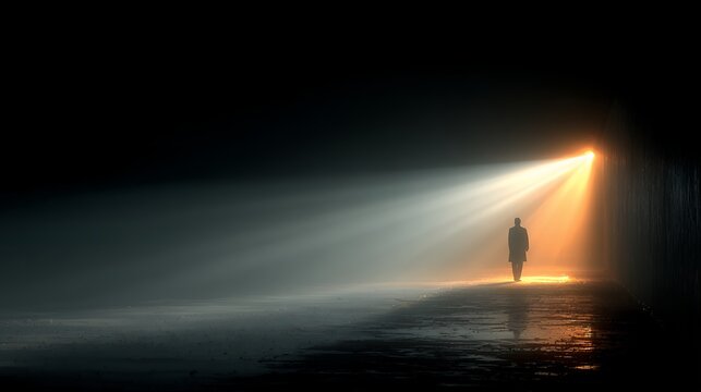 man walking into bright light in darkness