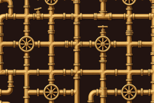 Complex arrangement of golden pipes and valves against a dark backdrop