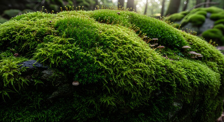 A close up view of green moss covering a rock surface in a forest with small mushrooms present