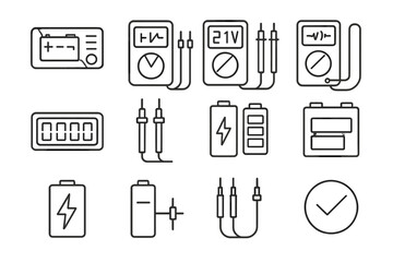 Battery Testing Icons. Outline icon set of battery testing: battery tester, multimeter, voltage reading,