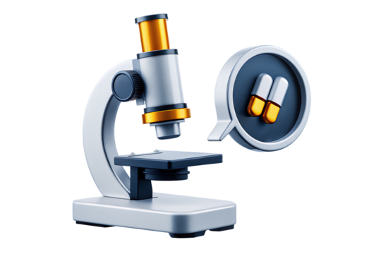 Microscope with pills in magnifying glass bubble isolated on a transparent background