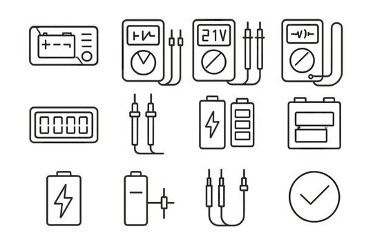 Battery Testing Icons. Outline icon set of battery testing: battery tester, multimeter, voltage reading,