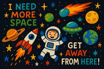 Smiling astronaut with retro rocket and colorful planets in playful space scene for kids