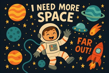 Cheerful astronaut floating in space with colorful planets, retro rocket, UFO, and fun phrases