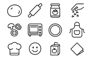 Kids Pizza Icons. Outline icon set of kids making pizza: dough ball, rolling pin, sauce jar, cheese sprinkle,