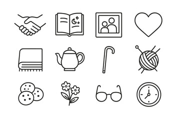 Intergenerational Bonding Icons. Outline icon set of intergenerational bonding: handshake, storytelling book,