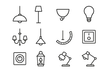 Lighting Icon Set. Outline icon set of lighting upgrades: ceiling lamp, floor lamp, wall sconce, light bulb,