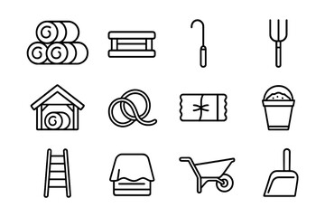 Farm Tools Icon Set. Outline icon set of hay storage setup: stacked hay bales, wooden pallet, hay hook, © MarryBerry