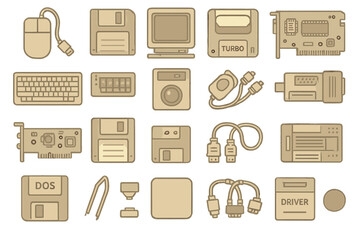 Collection of vintage computer hardware and accessories from the late 20th century displayed on a simple background in neutral tones