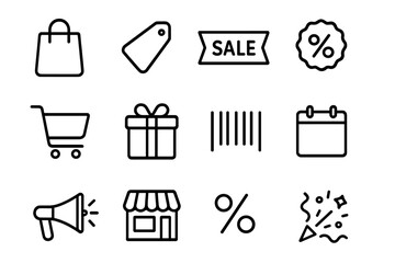 Retail Icon Set. Outline icon set of retail event flyer design: shopping bag, price tag, sale banner, discount