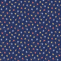 Seamless pattern with watercolor stars in red, yellow, and blue connected by curved lines on a dark blue background. Perfect for Christmas, New Year, winter textile, wrapping paper, festive decoration