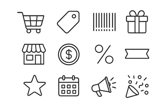 Weekly Deals Icons. Outline icon set of weekly deals flyer: shopping cart, price tag, barcode, gift box, store