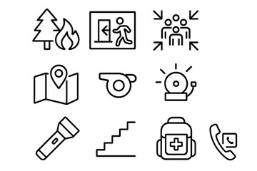 Wildfire Evacuation Icons. Outline icon set of wildfire evacuation plan: tree, fire icon, exit sign, assembly