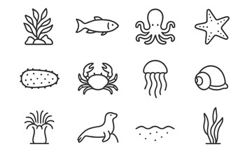 Obraz premium Marine Life Icons. Outline icon set of marine life in kelp forests: seaweed canopy, fish, octopus, sea star,