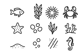 Kelp Forest Icons. Outline icon set of kelp forest marine species: fish, kelp stalks, sea urchin, crab,