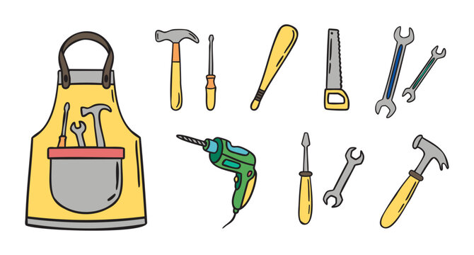 Set of construction tools drill hammer wrench screwdriver saw and apron, hand drawn doodle