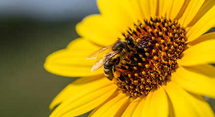 Close up of a bee on a bright yellow sunflower collecting pollen in a natural setting outdoors