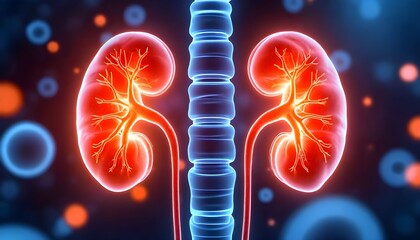 Anatomical illustration of the human urinary system, highlighting the kidneys and ureters with a vibrant, glowing effect against a blurred background.