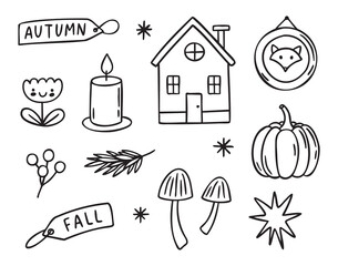 Autumn doodle line art set with pumpkin, candle, house, hand drawn outline