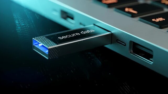 Secure data storage with usb drive connected to laptop for quick backup. Secure data transfer on usb drive includes data protection and information safety.