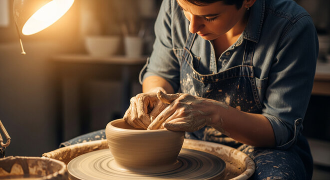 Creative Female Potter Concentrated While Shaping Clay on Wheel
A female artisan is deeply concentrated on shaping a piece of clay into a bowl on a spinning potter's wheel in her studio
- Powered by Adobe
