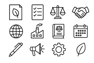Environmental Policy Icons. Outline icon set of environmental policy development: document, checklist, scales,