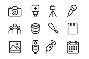 Event Photography Icons. Outline icon set of event photography: camera, flash, tripod, microphone, crowd, lens