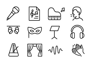 Opera Singing Icon Set. Outline icon set of opera and classical singing lessons: microphone, music sheet,