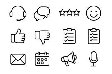 Customer Support Icons. Outline icon set of online customer support feedback: headset, chat bubbles, star