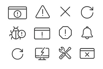 User Error Icons. Outline icon set of user error messages: error dialog, warning icon, close button, retry